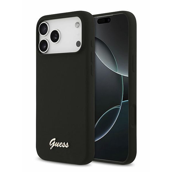 Guess для iPhone 17 Pro чехол Liquid silicone Gold metal logo & Camera Hard Black (MagSafe)